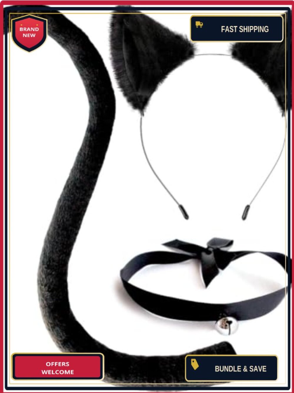 Faux Fur Cat Ears Tail Set Wired Tail Bell Choker Costume Accessory